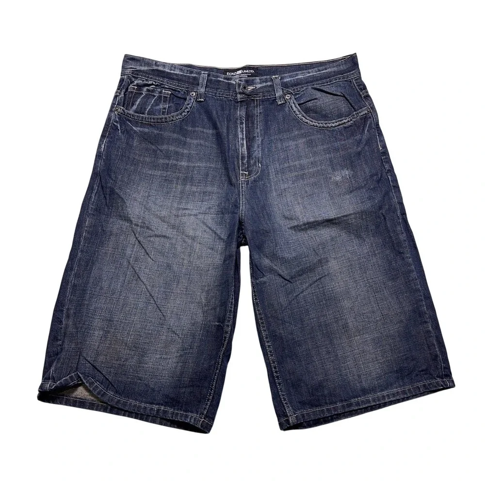 Vintage Ecko Unltd Baggy Denim Shorts Mens 38 Distressed Embroidered Y2K‎